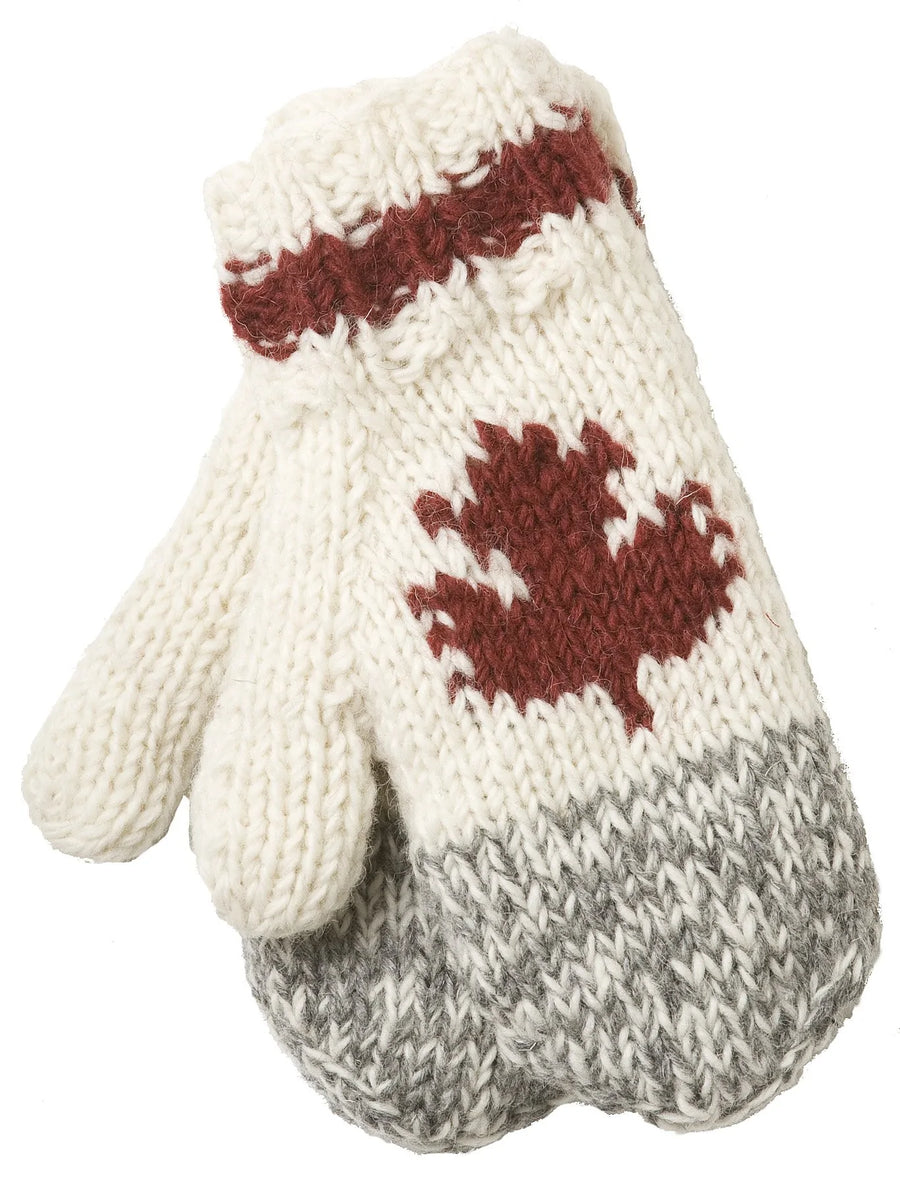 WOOL CABIN KNIT MITTS WITH MAPLE LEAF